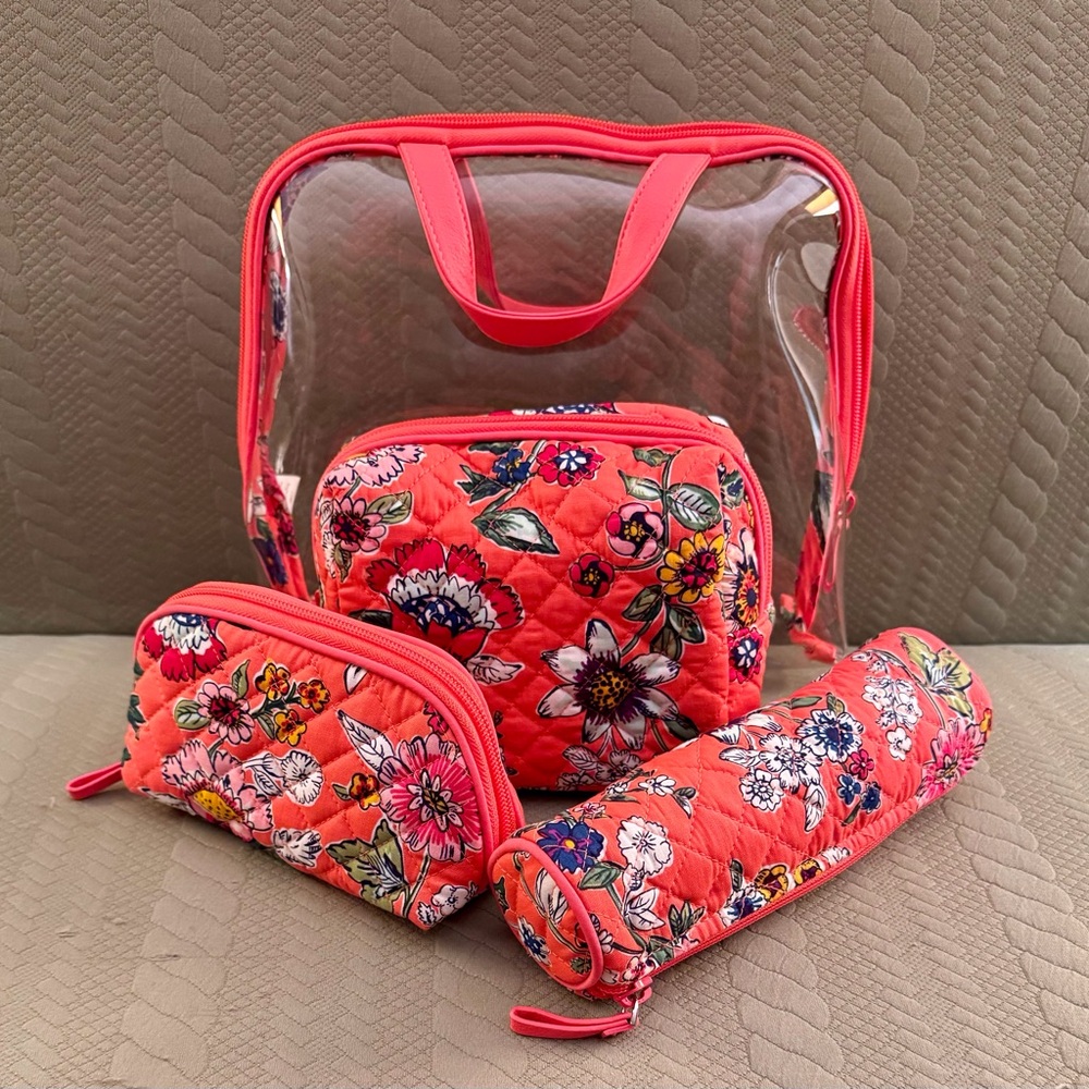 Vera Bradley Cotton Cosmetic 4 Piece Set Coral Floral NWOT’s